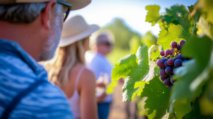 Vineyard tour with tourists at grape harvest