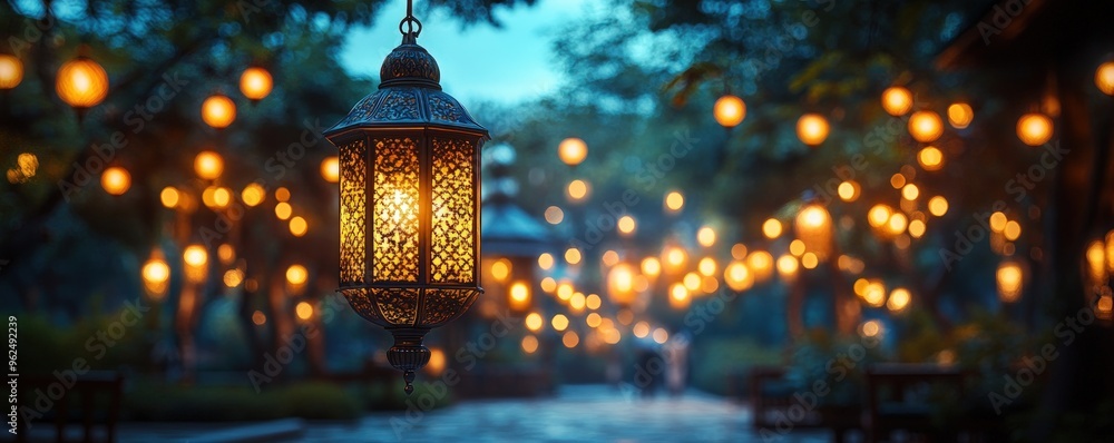 Poster A close-up of a hanging ornate lantern with a warm glow, illuminated by candlelight, in the background there are multiple other lanterns and string lights in a blurred background.