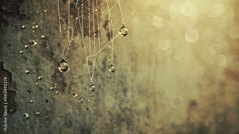 Poster a spider web heavy with dew drops hangs delicately against a textured wall, bathed in soft, diffused