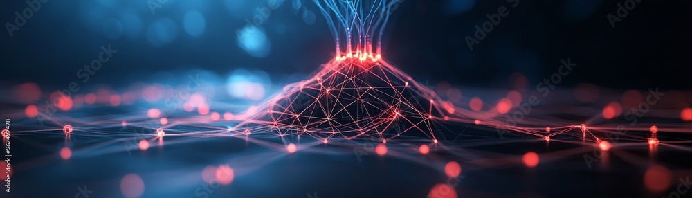 Aufkleber abstract glowing red and blue network with a central node.