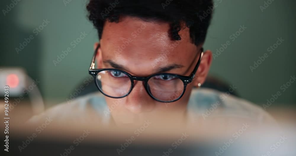 Aufkleber thinking, reading and man at computer with glasses, working and planning for online project at digit