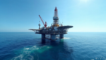 An oil rig platform stands prominently against the vast ocean, showcasing its structure and machinery with endless blue waters and sky in the background.