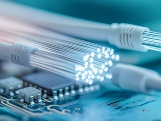 Close-up of fiber optic cables on a circuit board. The glowing fibers represent high speed data transfer.