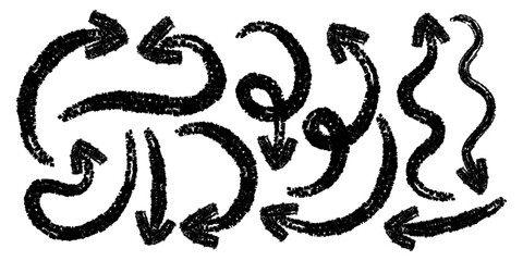 Set of arrows in hand drawn style. Vector illustration. Isolated. Icon.  Brush. Ink. Charcoal and crayon. Drawing. Scribble pencil. Grunge texture shape. Trendy elements. Naïve marks.