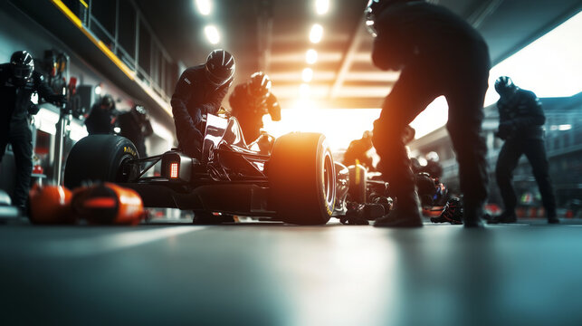 Pit crew preparing Formula 1 car in high energy environment, showcasing teamwork and precision during race.