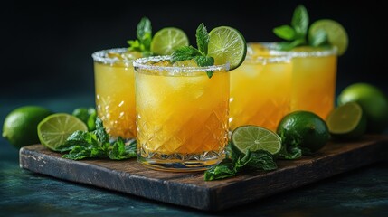 Fototapeta premium Three glasses of orange juice with lime and mint on wooden board.