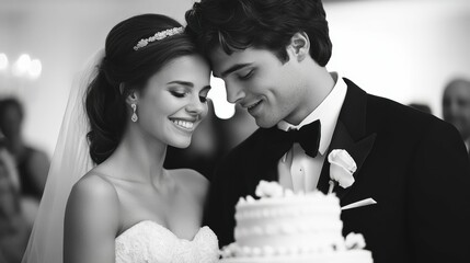 Joyful Bride and Groom Cutting Wedding Cake, Faces Radiant with Happiness