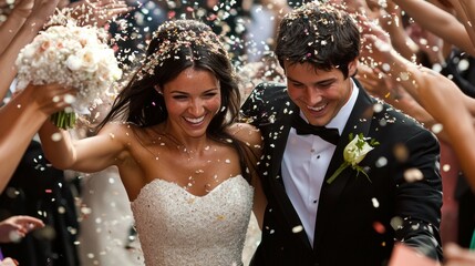 Joyful Guests Celebrating with Confetti and Rice at Wedding Exit