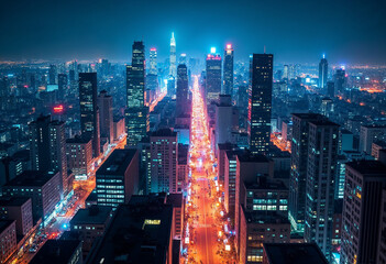Naklejka premium The vibrant city sparkles at night with illuminated streets and glowing skyscrapers, showcasing urban energy.