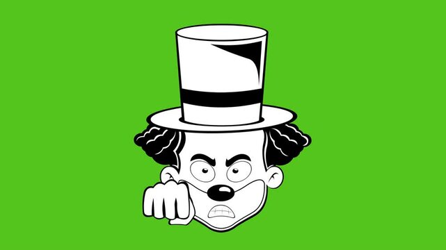 video drawing animation emoji face joker clown character cartoon illustration, with an angry expression and fist bump hand, drawn in black and white color. On a green chroma key background