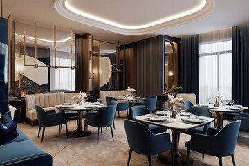 Fototapeta premium Three-Dimensional Rendering of an Elegant Dining Area with Comfortable Seating and Modern Decor