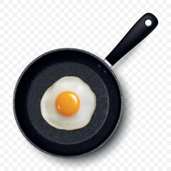 Vector 3d Realistic Fried Egg in the Black Frying Pan, Closeup Isolated, Top View. Design Template of Scrambled Eggs, Fried Egg, Omelette. Delicious Breakfast, Food, Culinary Concept