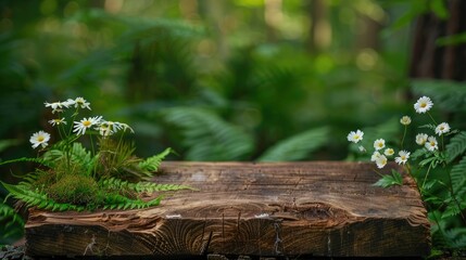 Fototapeta premium Wooden stand with fern leaves, white flowers, moss, in green forest background for natural products. Mock up, copy space included.