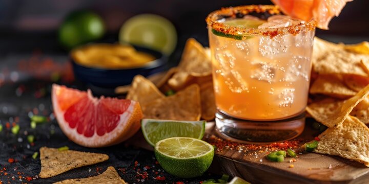 Zesty grapefruit margarita with a chili salt rim served with tortilla chips, lime wedges, and avocado dip.