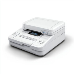 A white office fax machine placed on a plain background, featuring a control panel, buttons, and a compact design for business use.