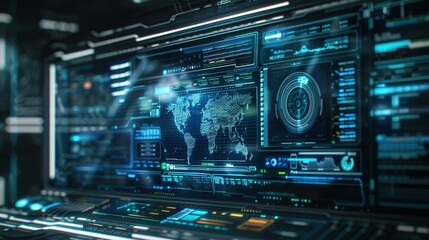 Obraz premium Advanced Technology and Cybernetic Innovation: Futuristic Command Prompt on a Digital Interface with a Holographic Computer Screen