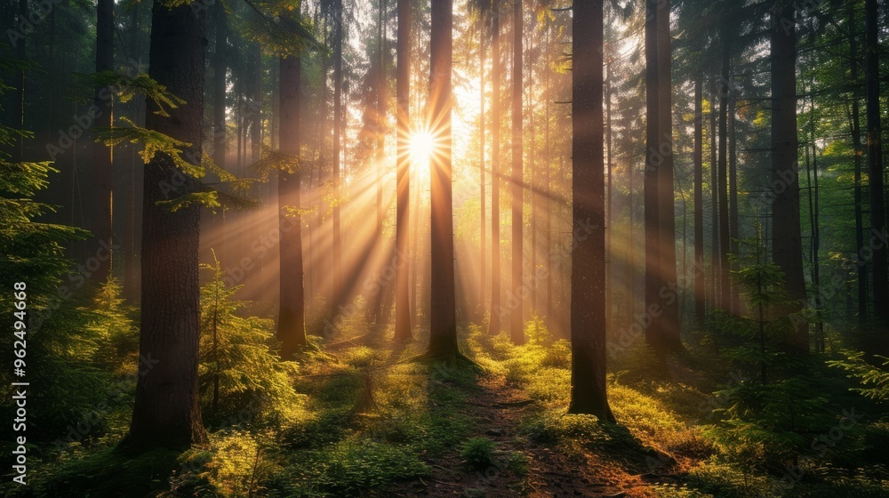 Poster sunlight beams through tall trees in a lush forest, creating a beautiful interplay of light and shad