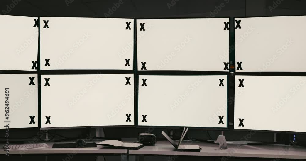 Aufkleber office, computer screen and monitor with tracking markers on mockup for trading, info and research. 