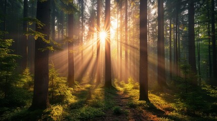 Obraz premium Sunlight beams through tall trees in a lush forest, creating a beautiful interplay of light and shadow. The scene is serene and picturesque, perfect for themes of nature, tranquility, and the beauty