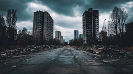 Obraz premium A war-torn urban cityscape depicting destroyed buildings and debris scattered across abandoned streets. The scene captures the desolate atmosphere of a ruined metropolis