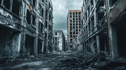  A war-torn urban cityscape depicting destroyed buildings and debris scattered across abandoned streets. The scene captures the desolate atmosphere of a ruined metropolis