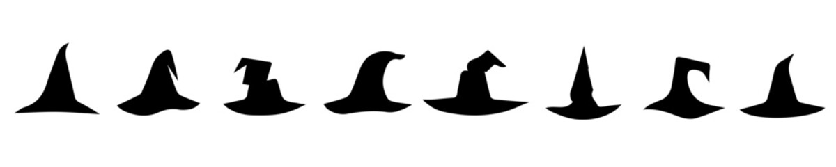 Witch hats illustration of a black and white background,scary hats silhouette,Ghosts caps icon,sports hats design,Curved hats,Big size hats ,