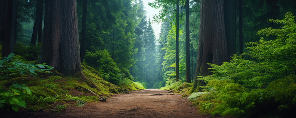 A serene forest path surrounded by tall trees and lush greenery, leading deep into the peaceful woods on a summer day.