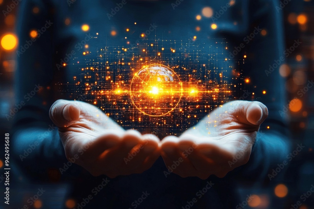 Poster holding the future: a person's hands cradle a glowing orb of data, symbolizing the power and potenti