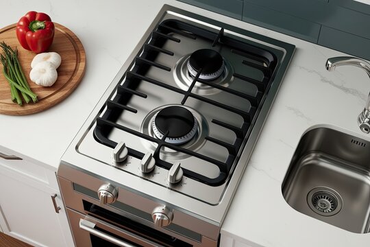 Three-Dimensional Top View of a Stainless Steel Gas Hob in an Apartment Kitchen