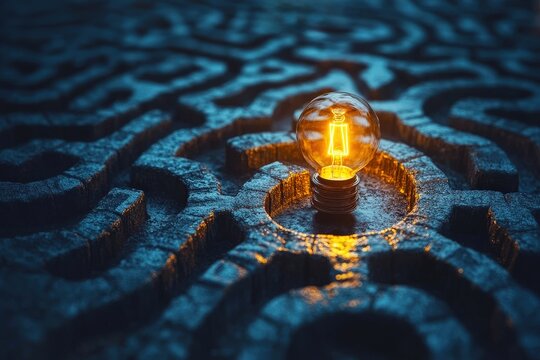 Illuminated Path: A lone light bulb glows within the depths of a complex maze, symbolizing hope, guidance, and the power of innovative thinking to overcome challenges. 