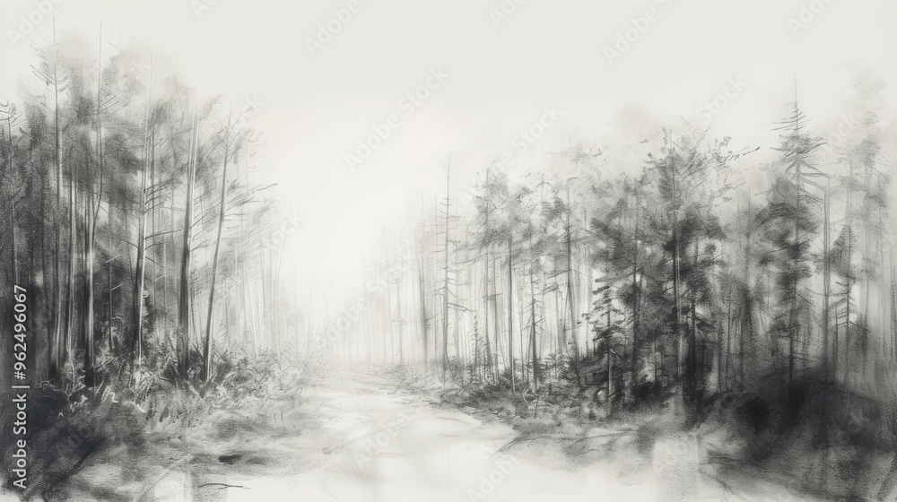 Poster a grayscale illustration depicting a serene path through a misty forest. the tall trees fade into th