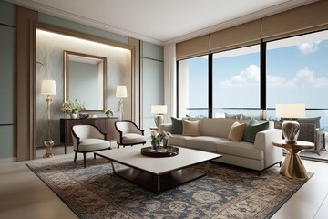 Fototapeta premium Sophisticated Penthouse Interior Mockup with Elegant Furniture and Serene Wall Design