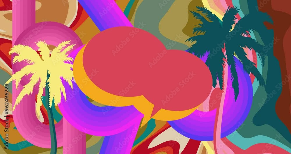 Poster retro 70s background animation with palm tree with speech bubble. groovy tropical 1970s art video. m