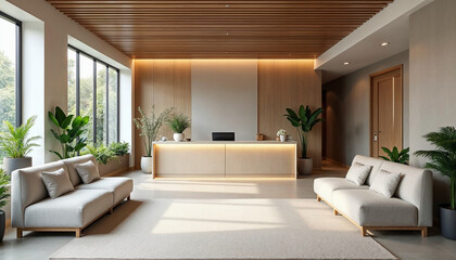 A peaceful reception area with elegant seating, greenery, and calming decor in a wellness clinic.








