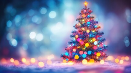 A blurred image of a Christmas tree with colorful lights. The soft focus creates a dreamy and festive atmosphere. with generative ai