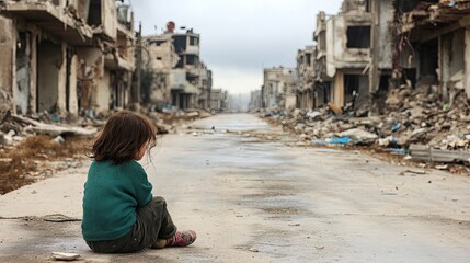 Fototapeta premium A heartbreaking scene of a child sitting alone amidst the ruins of a war-torn city, crying in despair. The desolate urban landscape, filled with destruction and debris