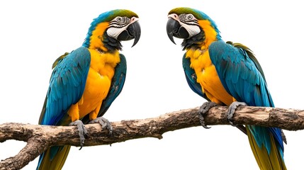 Obraz premium Blue-and-yellow Macaws, Perched on a Branch on a White Background, Realistic Photo, Texture, Pattern Background, Wallpaper, Cover and Screen for Smartphone, PC, Laptop, 9:16 and 16:9 Format
