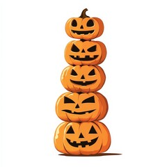 A tall stack of pumpkins with their faces turned to the camera
