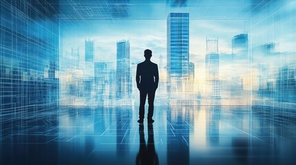 Fototapeta premium Architect silhouette against a backdrop of architectural blueprints and 3D building models