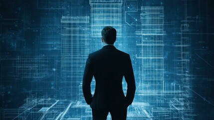 Architect silhouette against a backdrop of architectural blueprints and 3D building models
