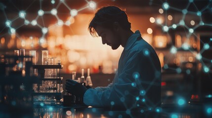 Scientist silhouette superimposed over molecular structures and laboratory equipment