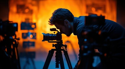 Fototapeta premium Photographer silhouette combined with camera lenses, film, and a studio backdrop