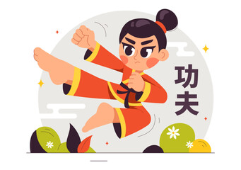 Chinese Translation: Kung Fu with People Demonstrating Chinese Martial Arts in a Flat Style Cartoon Background Vector Illustration