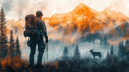 Fototapeta premium Park Ranger silhouette overlaid with hiking gear, wildlife, and a majestic natural landscape