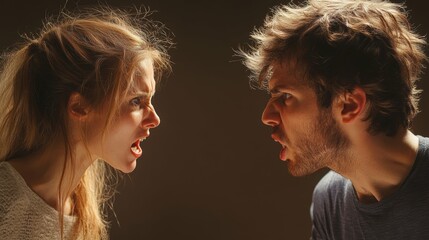 Couple in an intense argument, gesturing animatedly as they try to resolve a relationship conflict