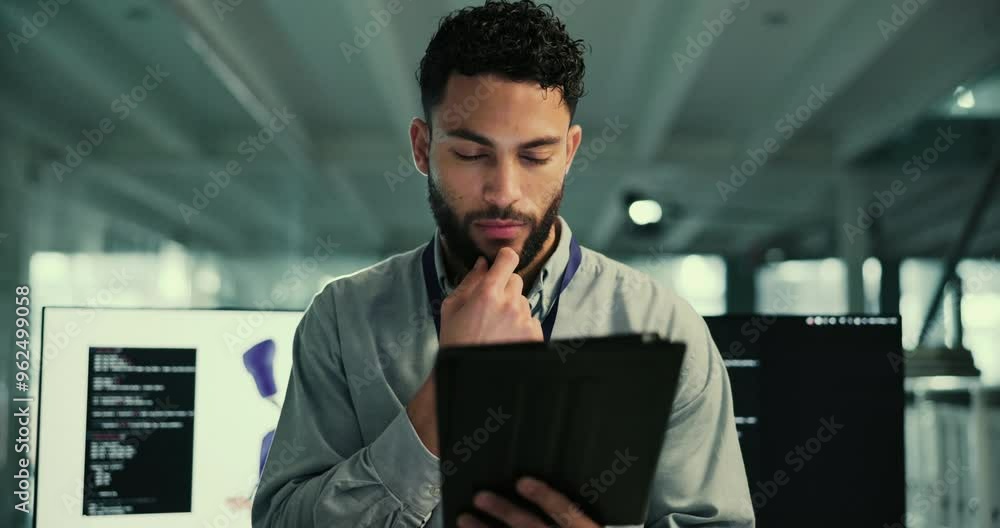 Aufkleber computer, tablet and man with artificial limb for research, innovation and ai coding in laboratory. 
