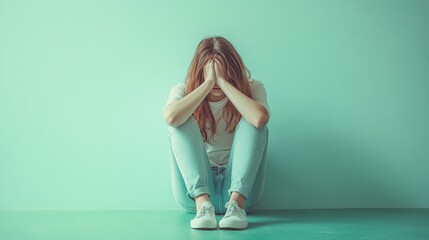 High school student overwhelmed by academic demands and social anxiety, head in hands on a serene, mint-green surface