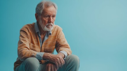 Elderly widower grieving the loss of a spouse, sitting alone on a soothing, light-blue background