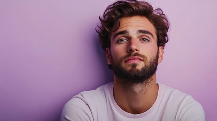 Obraz premium Young professional grappling with imposter syndrome and workplace pressure, staring blankly on a tranquil, lavender backdrop