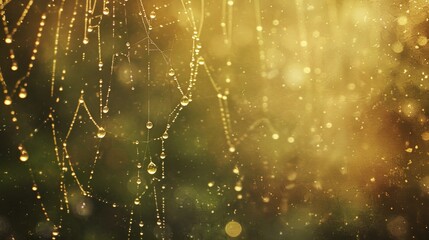 Fototapeta premium A close-up of a spider web adorned with dew drops, captured against a golden bokeh background. The morning sunlight enhances the delicate beauty of the water droplets on the web, creating a magical